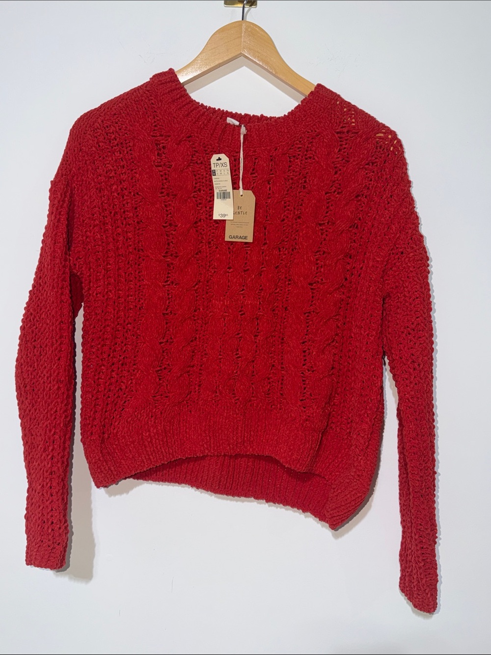 Garage Red Cable Knit Crewneck Sweater size xsmall NWT